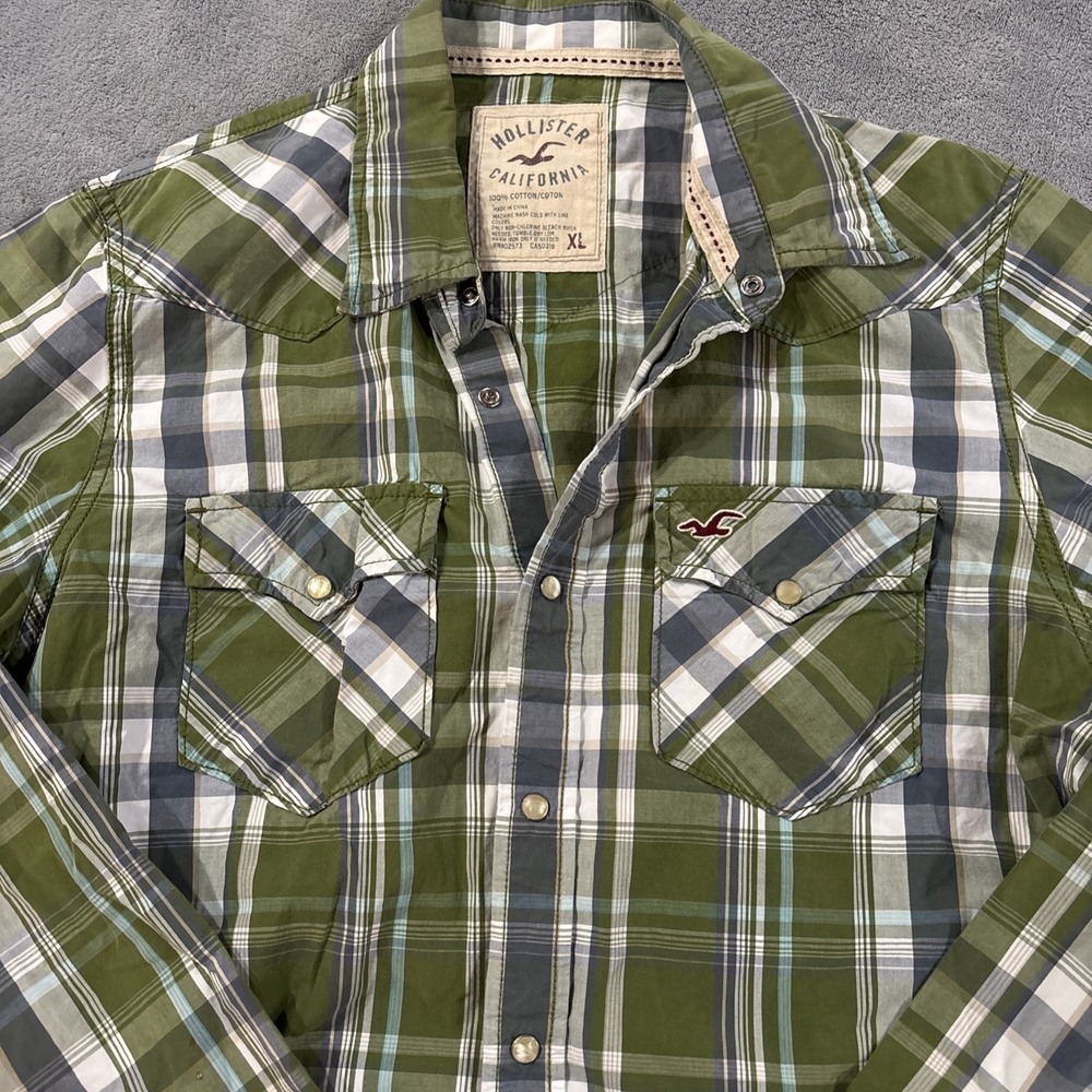 Hollister Mens X-Large Pearl Snap Front Plaid Shirt Green Blue Western # 040